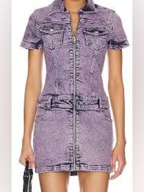 Short Sleeve Zip-Front Denim Dress in Washed Purple